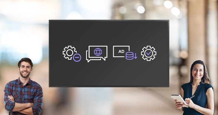 This image features a man and a woman standing next to a monitor displaying LG DOOH Ads' Programmatic Ads options, highlighted by simple icons. It indicates that users can set preferences such as content filtering, language settings, bottom price settings, and content approval.