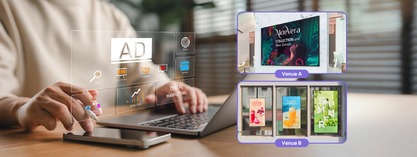 Using LG DOOH Ads, a user sets up advertising campaigns for different indoor and outdoor spaces, including Venue A and Venue B.