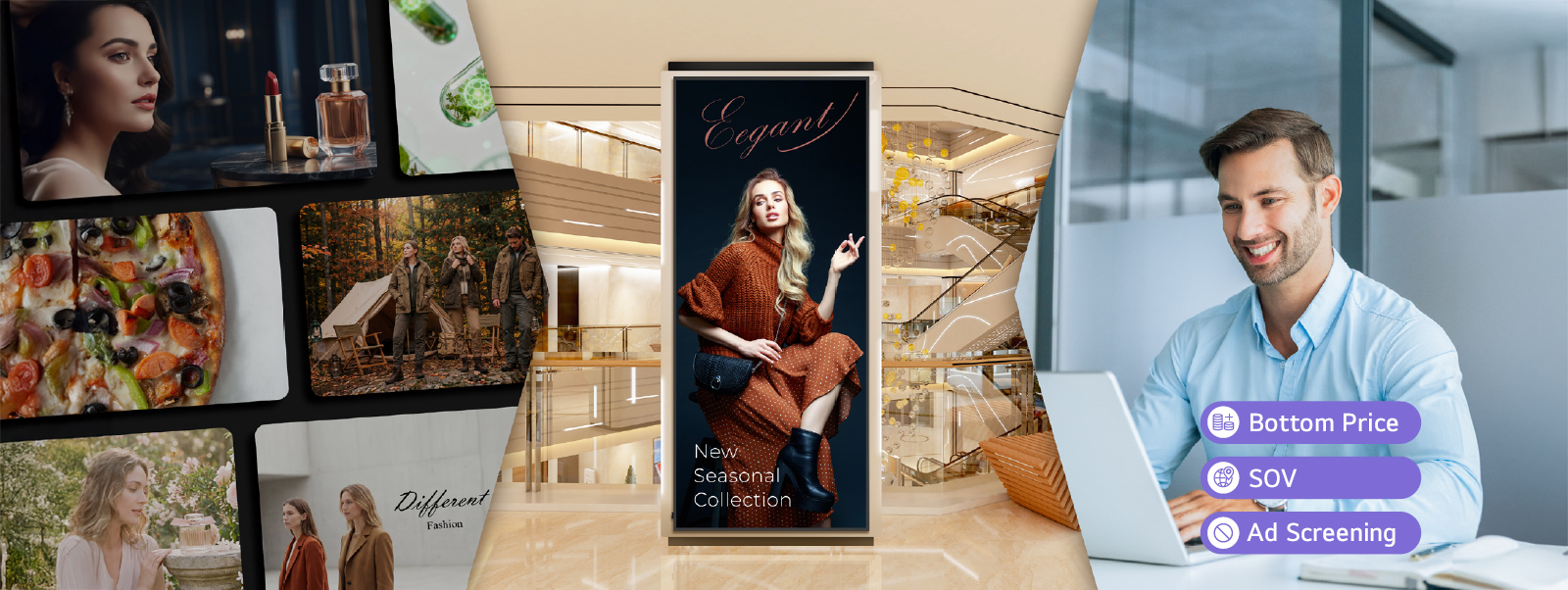 The image shows a user remotely setting up an advertising campaign for LED signage installed inside a department store using LG DOOH Ads. Through LG DOOH Ads, users can easily configure various campaign conditions such as ad pricing, SOV (Share of Voice), and ad screening.