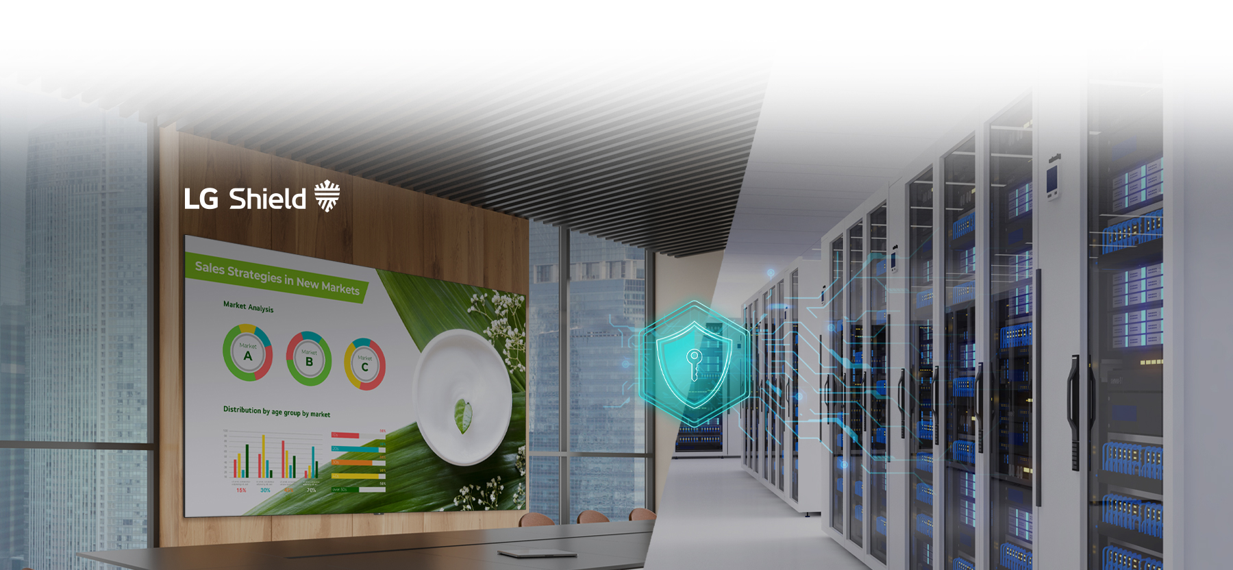 This image illustrates a user setting up an advertising campaign to be delivered to indoor and outdoor signage remotely using LG DOOH Ads. LG DOOH Ads is an advertising solution that provides key features for ad operations, including ad exposure management, creative approval, and performance analysis.